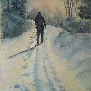 Vintage Winter Snow Scene watercolor approximately 10"x14"